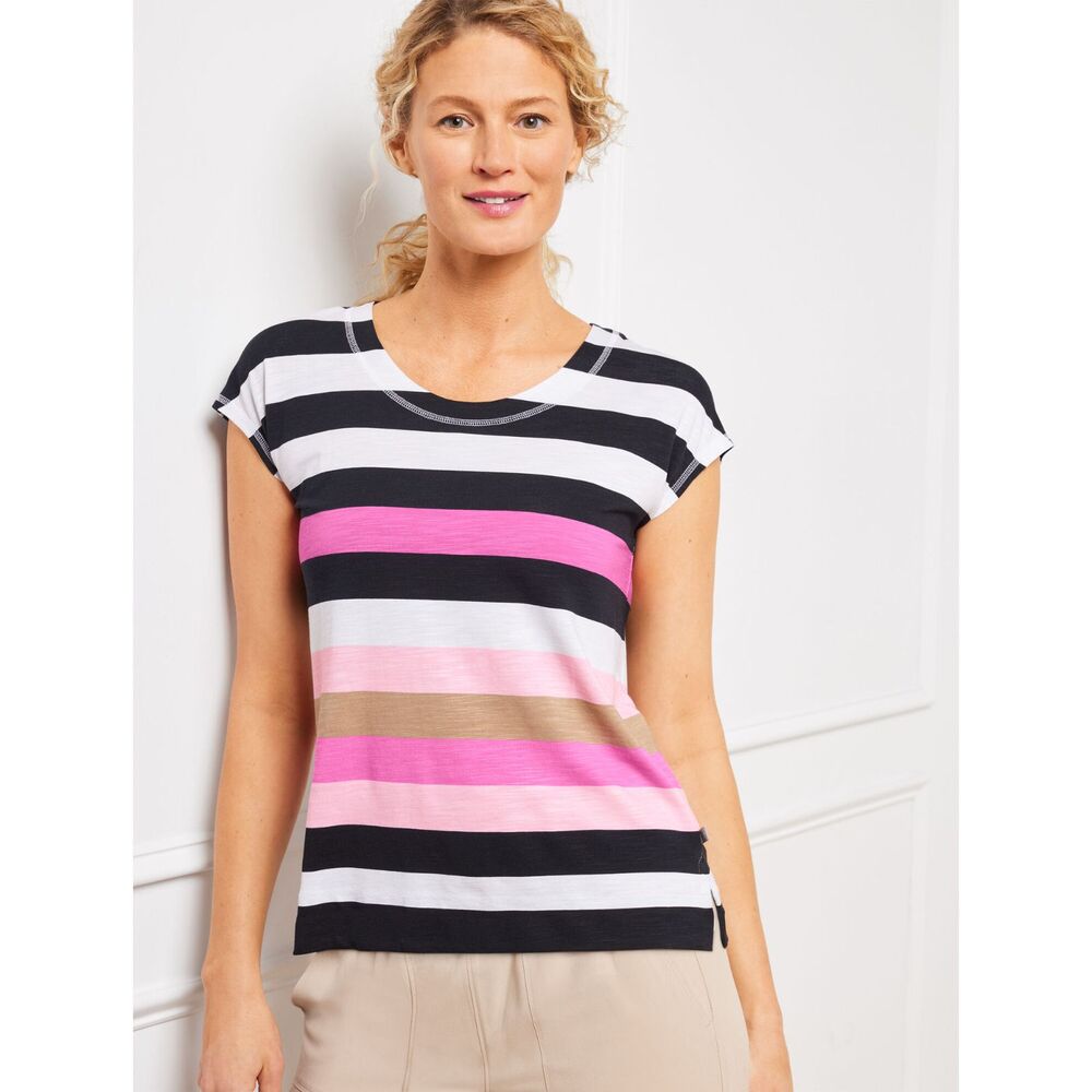 T by Talbots black pink white stripe cap short sleeve summer top shirt XL